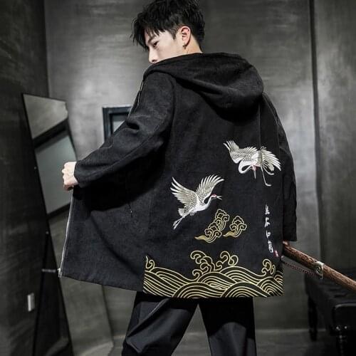Crane Printed Long Hooded Jacket Men Long Plus Size 5Xl Japan Streetwear Loose Hooded Coat Windbreaker Vintage Mens Coats KK3041