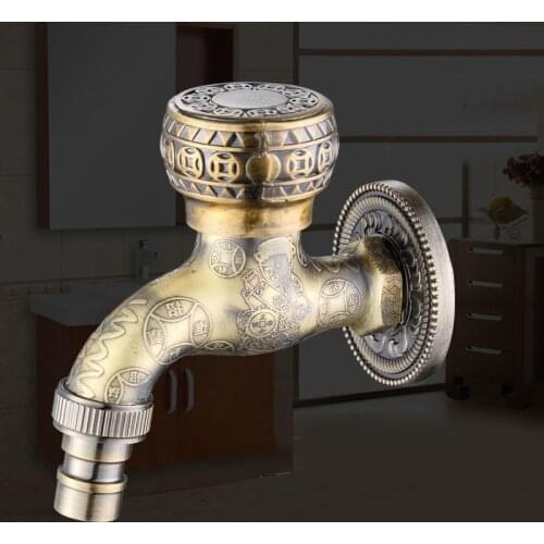 Copper Relief Carved Wall Bottle Retro Tap G1/2 Splash Proof Durable Washing Machine Faucet Luxury Zinc Alloy Water Bibcock Sink