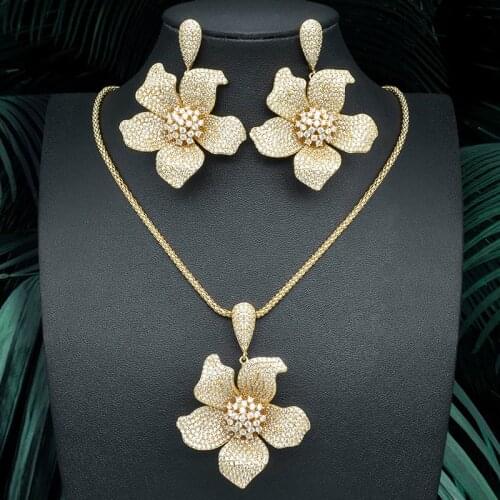 ModemAngel Luxury Big Flower Pendant Necklace And Earring High Quality Women Bridal Wedding Dress Full Cubic Zircons