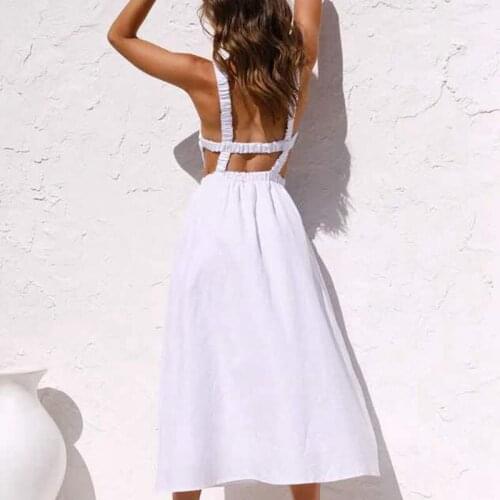 DOUJILI Fashion White Dress New Style Soft Sleeveless Backless Hollow Back Midi Dress For Elegant Women Ladies