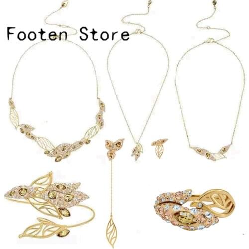 SWA Fashion Jewelry Original Elements Necklace Bracelet Ring Set Golden Petal Decoration Crystal Lady Jewelry Romantic Gift