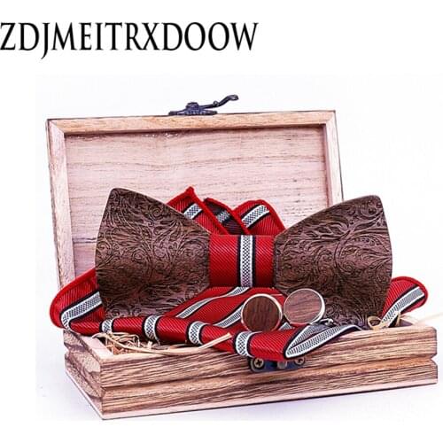 New design 3D Paisley Engraving business wedding tie suit formal dress mens bow ties wooden Engraved Butterfly Cravats Sets