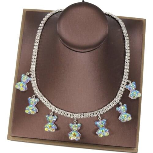 Handmade 7 Colors Cute Judy Cartoon Rhinestone Bear Chain Necklaces Candy Color Pendant Necklace For Women&Girl Daily Jewelry