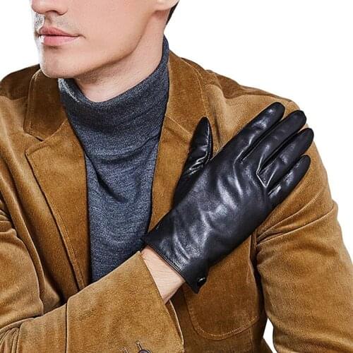 Genuine Leather Gloves Male Winter Knitted Lined Fashion Simple Touch Screen Men Keep Warm Driving Sheepskin Gloves YR2360
