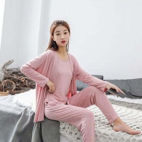 Autumn Atoff Home Gray Female Modal Homewear Pants pjs Long Sleeve Pajama Sets 3 Piece Set Casual Modal Home Clothes for Women