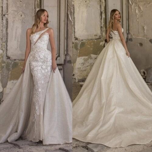 Luxury Mermaid Wedding Dresses With Detachable Train Appliques Lace One Shoulder Country Wedding Dress Custom Made Robe