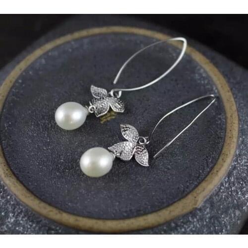 One pair freshwater pearl white rice 8-10mm s925 hook earrings FPPJ wholesale beads nature