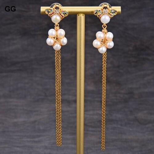 JK Natural Handmade White Round Pearl Yellow Gold Plated CZ Paved Insect Dangle Stud Chain Earrings