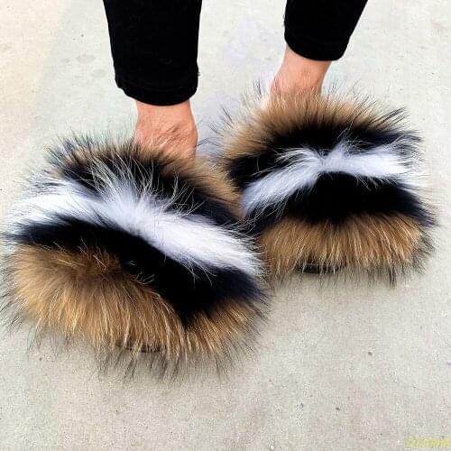 Summer Fluffy Raccoon Fur Slippers Shoes Women Real Fox Fur Flip Flop Flat Furry Fur Slides Outdoor Sandals Woman Amazing Shoes