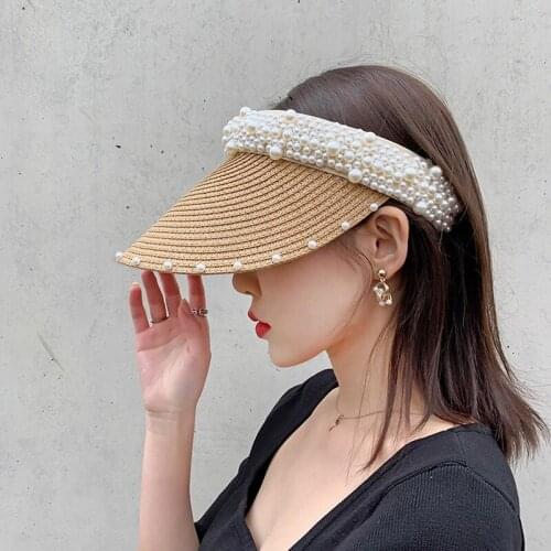 Pearl Outdoor Shading Summer Women Fashion Empty Top Hat Adjustable Sun Protection Solid Color Straw Hat Beach Cap