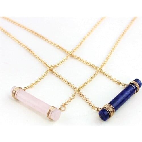 Blue Pink Quartz Necklace Cylinder Natural Stone Pendant Sweater Long Necklaces Geometric Charms Accessories Body Jewelry