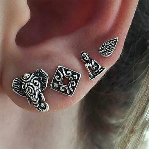 Crazy Feng 4 Pcs/Set Boho Jewelry Antique Silver Color Water Drop Buddha And Elephant Stud Earrings Set For Women Accessories