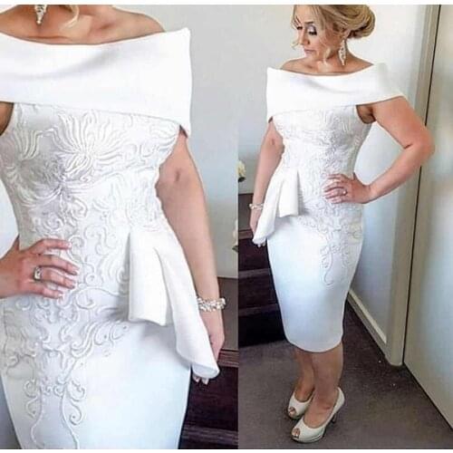 Vintage Mother of The Bride Dresses Bateau Tea Length White Applique Off the Shoulder Ruched Custom Made Sheath Madrinha