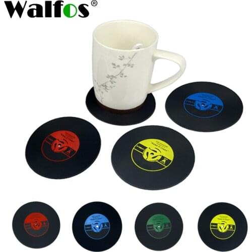 Walfos 4Pcs/set Retro Vinyl CD Record Drinks Coaster Table Cup Mat Coffee Placemat Silicone Printed Pattern Anti-fade Home Decor