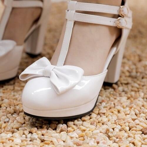 US4-14 Womens Round Toe Japanese Bow Knot Patent Leather Mary Janes Lolita Pumps Chunky Heel Shoes Plus Size 6Colors 34-48