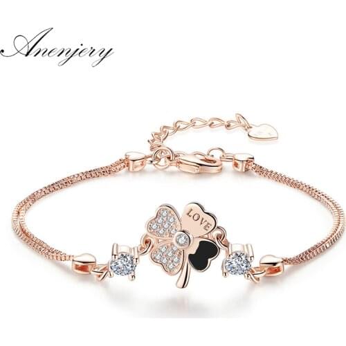 ANENJERY 925 Sterling Silver Sweet Simple Micro CZ Lucky Four Leaf Flower Bracelet For Women Girl Gift Zircon Bracelet S-B199