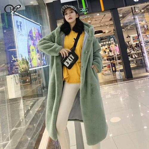 Winter Faux Rabbit Fur Coat Women Winter Long Coat Lady Loose Plush Coat Hooded Female Thick Warm Faux Fur Jacket Pink Overcoats