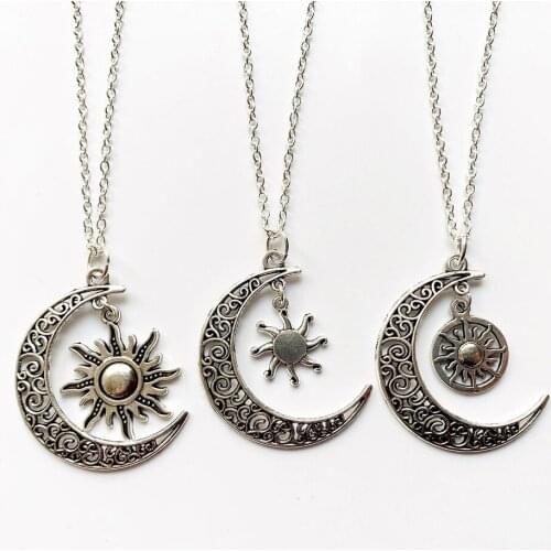 Necklace Sun Moon Pendant Women Jewellery Long Necklace Chain Silver-color Metal Moon Shaped Necklace Handmade 1pc