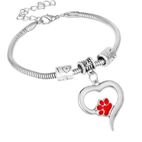 12PC Red Enamel Pet Paw Print Bracelets Animals Dog Cat Lovers Jewelry Love Heart Charms Bracelets Women Girls Bangles Gifts Hot