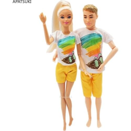 2sets/lot Fashion Clothes Set for Barbie Doll Outfits Summer Beach Couple T-shirt Orange Shorts for Ken Boy Dolls Accessories
