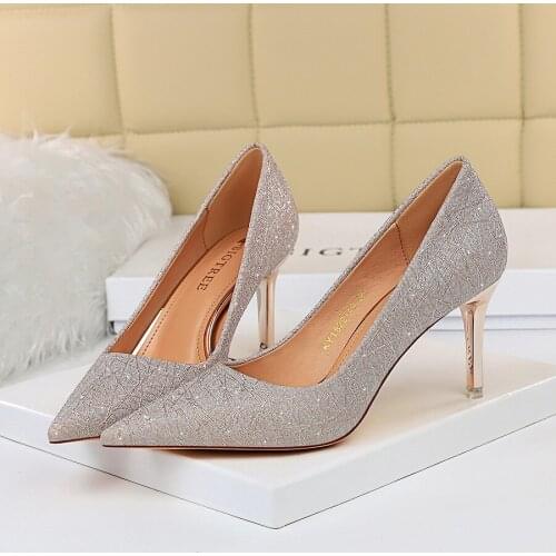 2021 Spring Women Glitter High Heel Pointed Toe Pumps Designer Gold Silver Heels Office Lady Wedding Bridal Cinderella Shoes