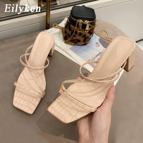 Eilyken 2021 New Women Fashion Slipper Square High Heel Classics Strap Sandal Ladies Elegant New Summer Bohemian Pumps Slides