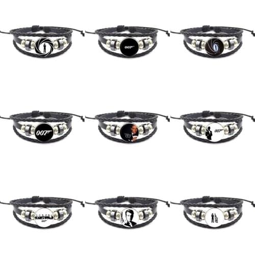 EJ Glaze James Bond 007 Brand Jewelry Black Leather Bracelet Bangle Glass Dome For Women Party Gift