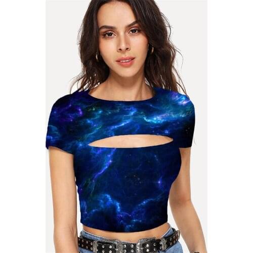 Somepet Galaxy T shirt Women Nebula Tshirts Casual Space Shirt Print Harajuku Hollow Out T shirts Short Sleeve Punk Rock Printed