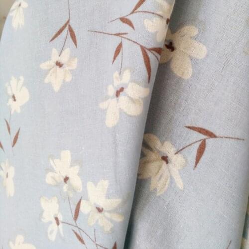 Half meter fresh blue bottom with little white flower print cotton linen fabric for dress shirt cheongsam summer garment T817
