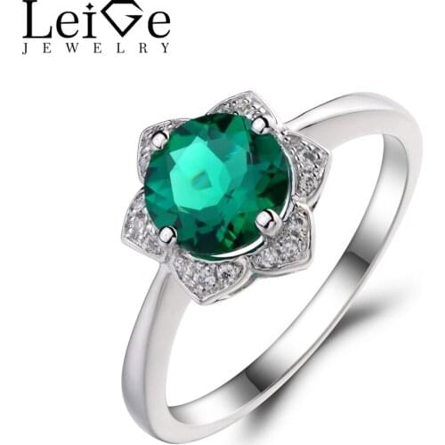Leige Jewelry Lab Emerald Engagement Wedding Rings 925 Sterling Silver Ring Round Cut Gemstone May Birthstone Rings for Women