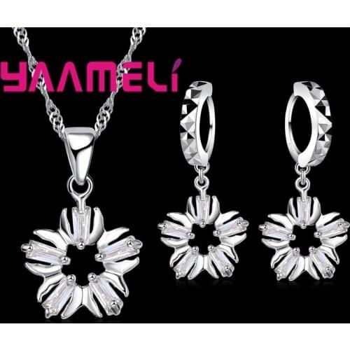 Trendy Flower Shape White Opal Zircon Crystal Bridal Jewelry Sets For Women Lady 925 Sterling Silver Necklaces Earrings