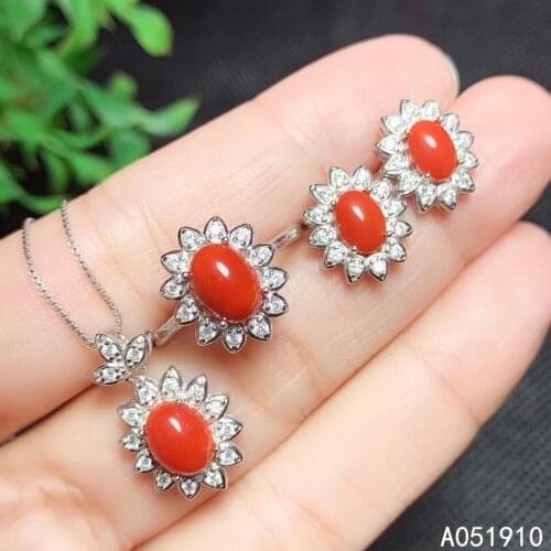 KJJEAXCMY boutique jewelry 925 sterling silver inlaid Natural Red Coral Necklace Ring Earring Suit Support Detection trendy
