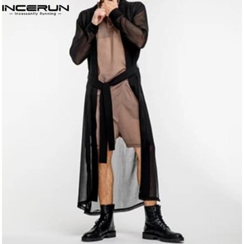 Fashion Mesh Men Shirt Sexy Transparent Open Stitch Cardigan Long Sleeve Cloak Casual Men Long Style Tops Streetwear 5XL INCERUN
