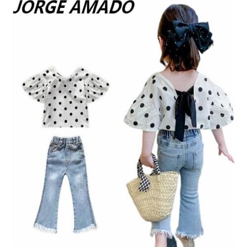 2020 Summer New Girl Sets Baby Girl Polka Dot Shirt+Denim Flare Jeans Fashion 2PCS Outfits Suit Baby Clothes E28001