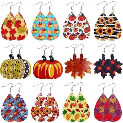 New! 2020 Maple Pumpkin Thanksgiving Turkey PU Leather Earrings Thanksgiving Day Halloween Teardrop Leaf Earrings Gifts