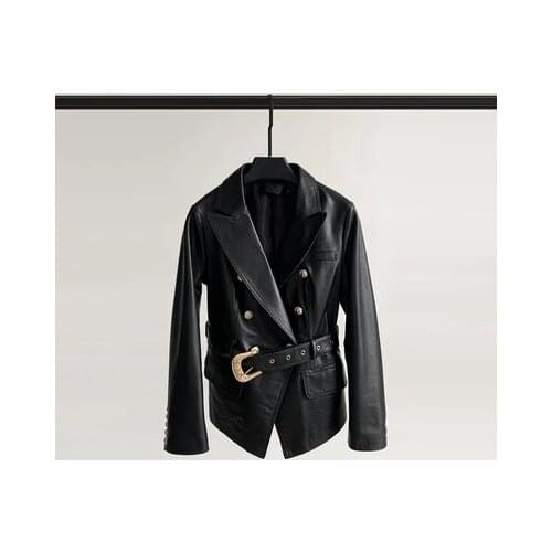 New Style Windbreaker Leather Jacket Women Mid-length Windbreaker Sheepskin Cashmere Sheepskin Belted Casual Jacket