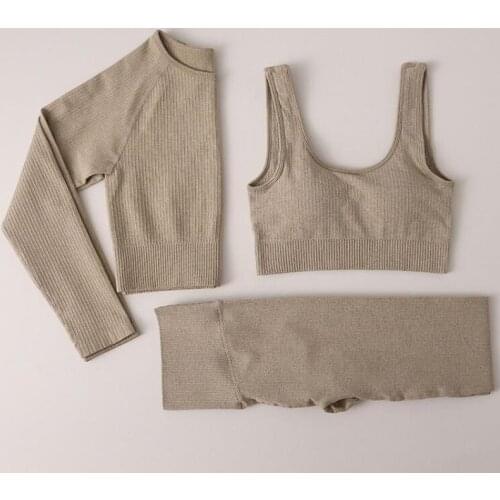 New Women Seamless Yoga Set Running Gym Leggings Sports Bra Long Sleeve Crop Top High Waist Fitness Sports Suit Workout Clothing