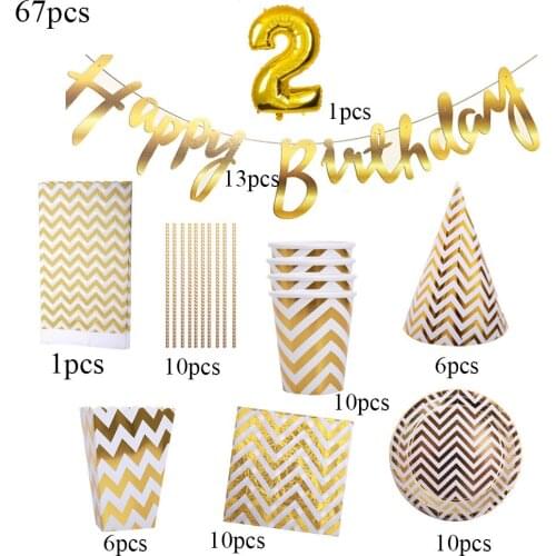67Pcs Baby Shower Disposable Tableware Supplies Napkins Plates Banners Hats Cups Gold Chevrons Kids Birthday Party Decorations
