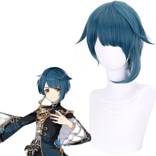 Game Original Genshin Impact God Line Autumn Traveler Anti-warping Style Blue Short Hair Cosplay High Temperature Wire Wig