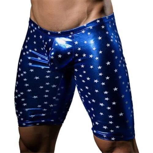 Sexy Men Exotic Pants PU Leather Tights Sexy Gay Men Clubwear Short Pants Male Latex Catsuit Elastic Knee-Length Pants Plus Size