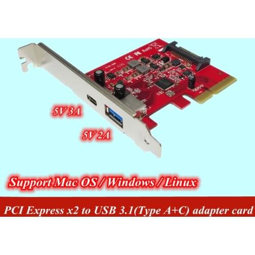Workstation expansion card PCI-E X2 to USB3.1 Gen2 10Gb Type A+C adapter card supports Windows Linux Mac 1pcs