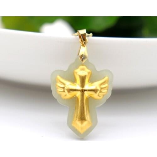 24K Gold Inlaid Natural Hetian Jade Jesus Cross Pendants For Men Women Amulet Necklace Boutique Jewelry With Gift Box