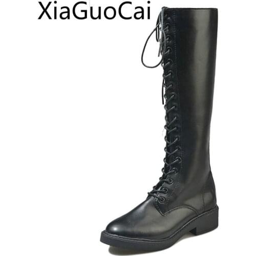 Knee High Boots Womens Motorcycle Boots Straps Rubber Short Plush Cross-tied Pu Leather Female Waterproof Boots