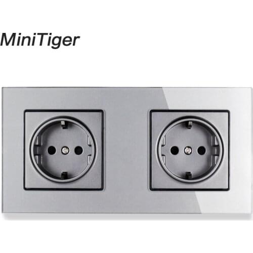 Minitiger EU DE Standard 2 Gang Wall Power Socket, White Crystal Glass Panel, Manufacturer of 16A Wall Outlet,172 * 86 MM