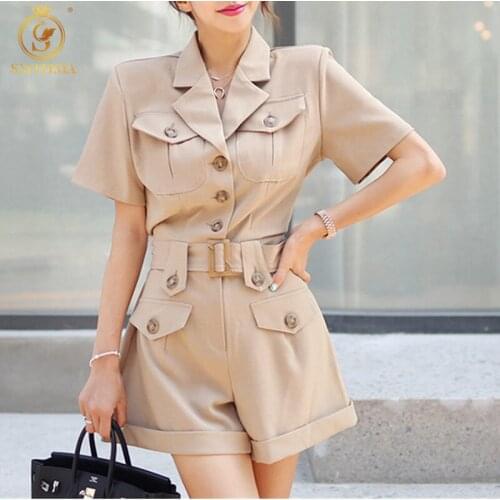 SMTHMA 2021 New Fashion Short Sleeve Summer Bodysuits Female High Waist Jumpsuit Pocket Button Notched Casual Women Playsuit