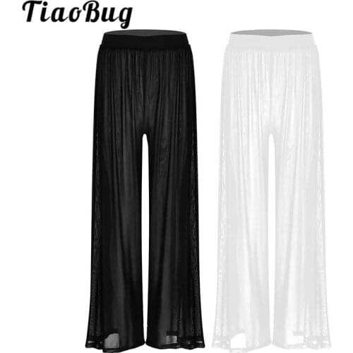 TiaoBug Women Casual Loose Elastic Waist Wide Leg See Through Mesh Flare Cover Up Long Pants Sexy Swimsuit Bikini Beach Cover-up