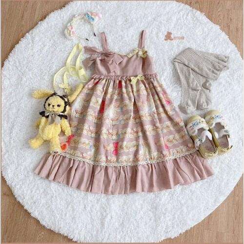 Japanese Sweet Lolita Long-haired Girl Cute Waist Ruffled Jsk Sling Daily Lace Watercolor Summer Kawaii Dress