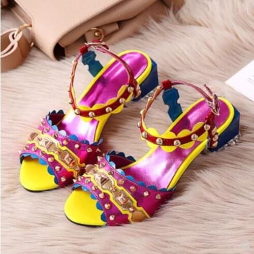 2018 Women Sandals Shoes High Heels Sandals Block Chunky Heeled Colorful Real Leather Crystal Riverts Ankle Strap Sandals