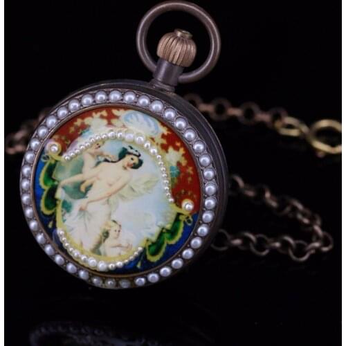 Fob Pocket Watches Woman Fashion Mechanical Watch Roman Numbers Dials Classic Bronze Brass Case w/Chain Beautiful Rhinestone