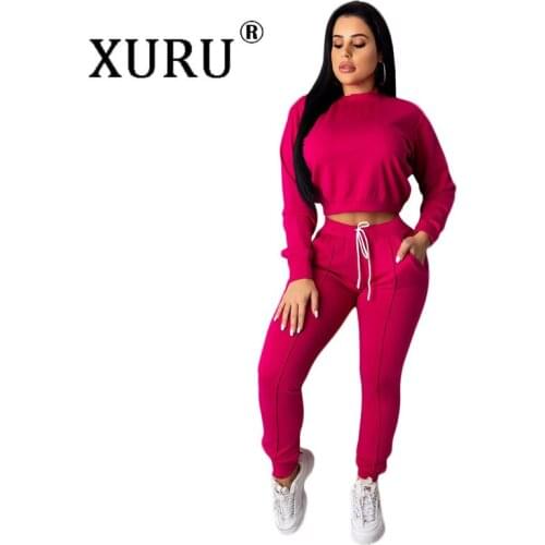 XURU Womens Drawstring Jumpsuit Two-piece Autumn New Womens Solid Color Long-sleeved Pullover Jumpsuit Suit